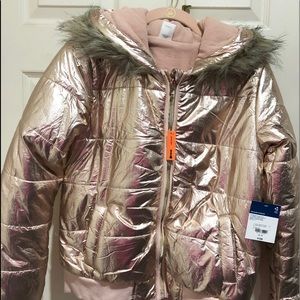 Girl rose gold puffer coat faux fur trim size 16